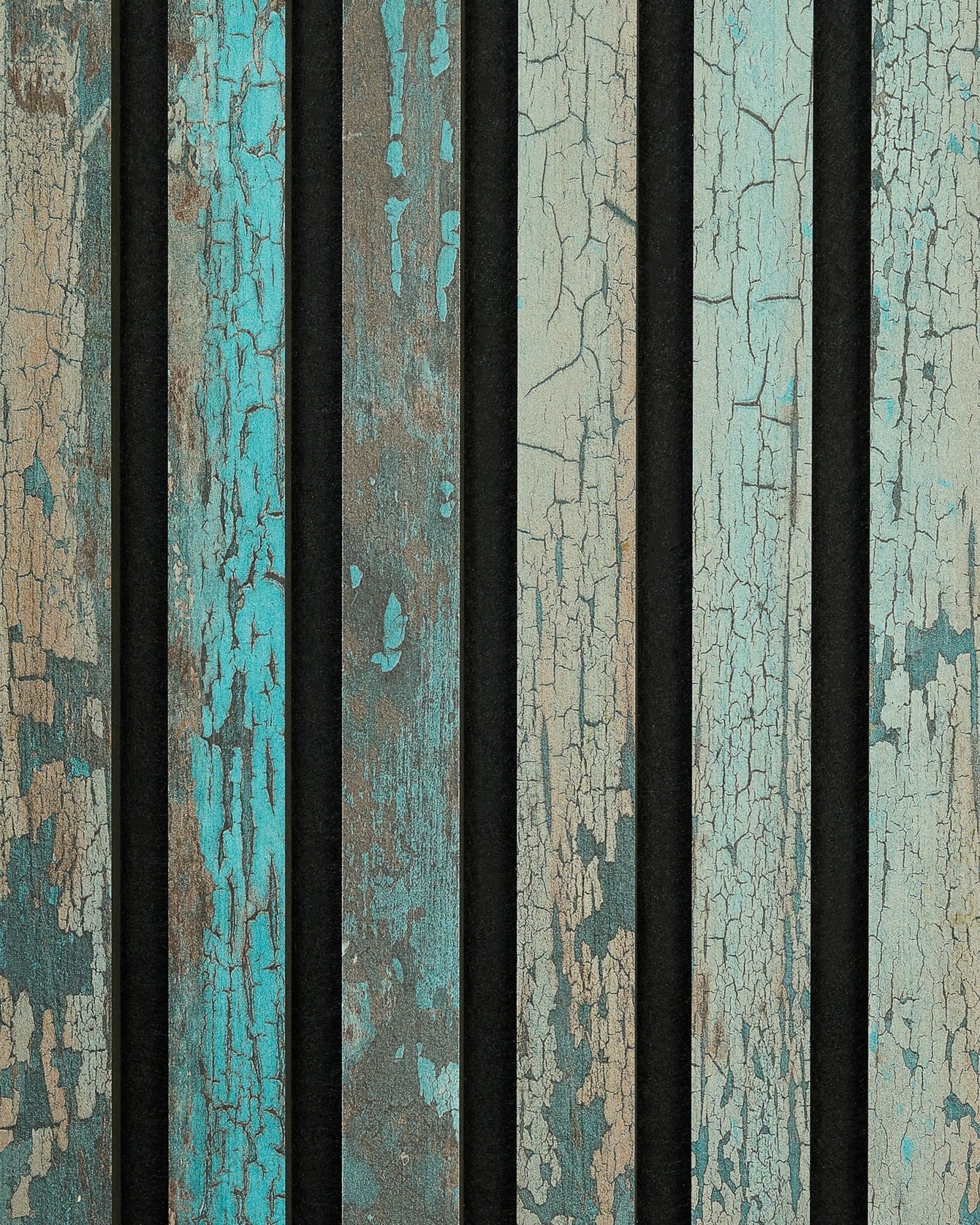 WoodUpp Rebel | Sample / Blue Oxide Akupanel met verweerde houten latten, blauwgroene tinten, zichtbare scheuren en donkere vertical openingen voor een rustieke Nordic uitstraling.
