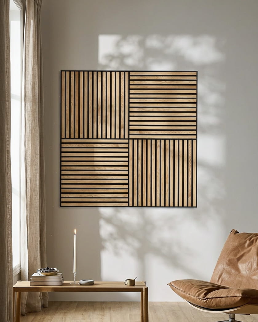 Moderne woonkamer met een leren stoel, brandende kaars en WoodUpp Akupixel Akoestisch paneel in Rustic Natural Oak, die geometrische schaduwen op de muur werpt.