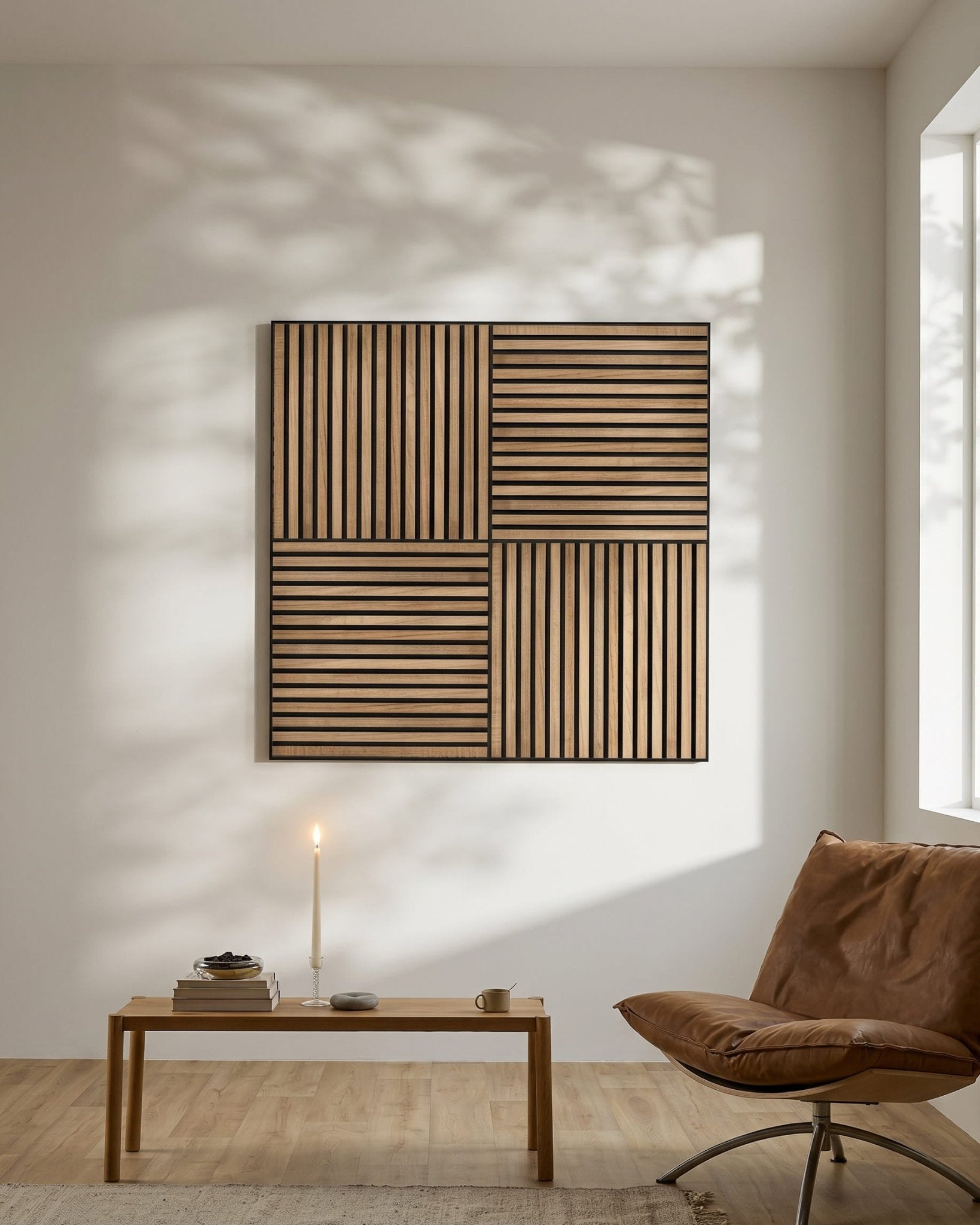 Minimalistische Scandinavische kamer met een WoodUpp Akupixel Walnut Akoestisch paneel aan de muur, een brandende kaars op een lage tafel, boeken en een brown stoel bij het raam.