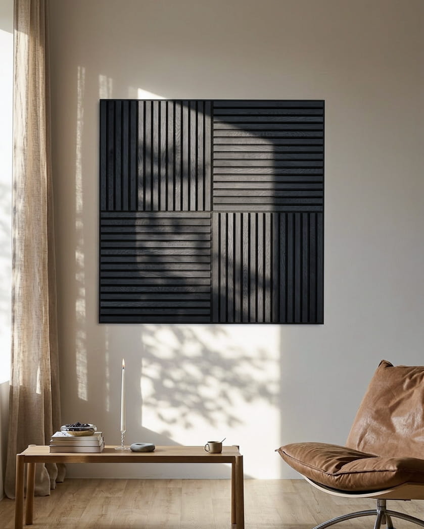 WoodUpp Akupixel Akoestisch paneel, 60x60 cm, heeft black essenhouten latten op een vilten achterkant; minimalistisch Scandinavisch design dat past bij moderne interieurs.