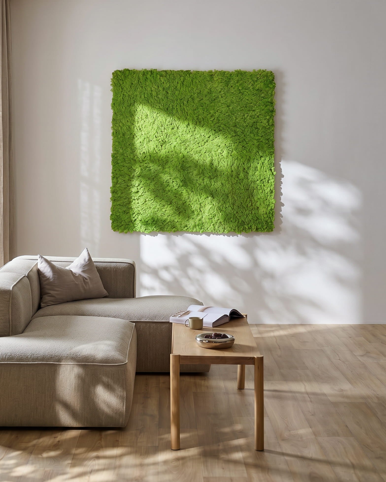 Moderne woonkamer met een beige bank en WoodUpp Akupixel Akoestisch paneel in Moss / Apple Green, 60x60cm, aan de muur gemonteerd. Zonlicht werpt schaduwen in de buurt.