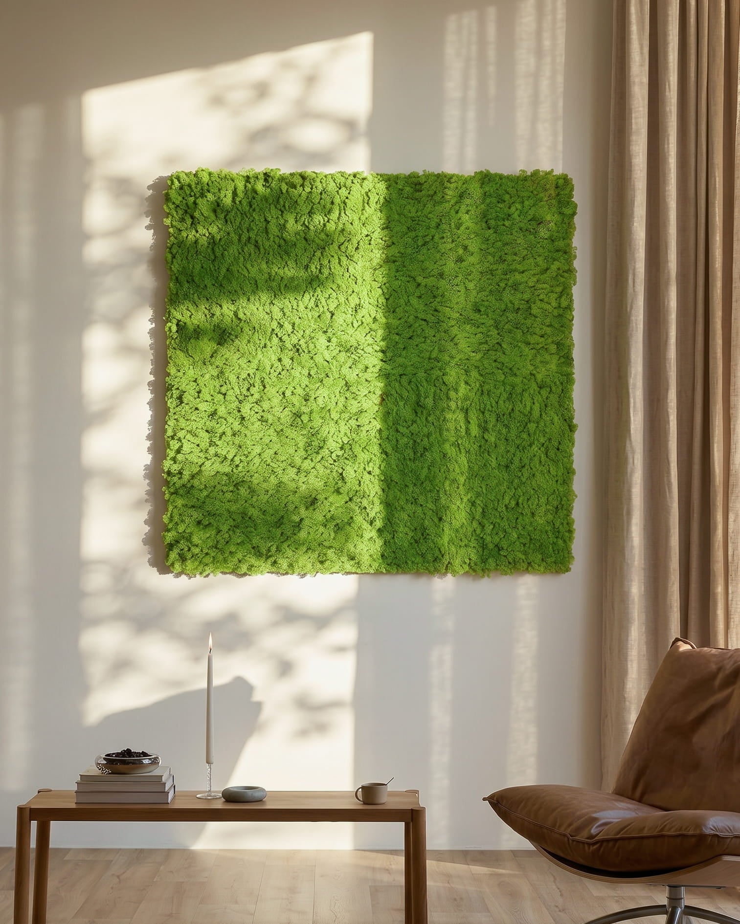 Akupixel Akoestisch paneel in Moss / Apple Green, 60 x 60 cm van WoodUpp, gemonteerd op een zonovergoten muur boven een small tafel en beige gordijnen.