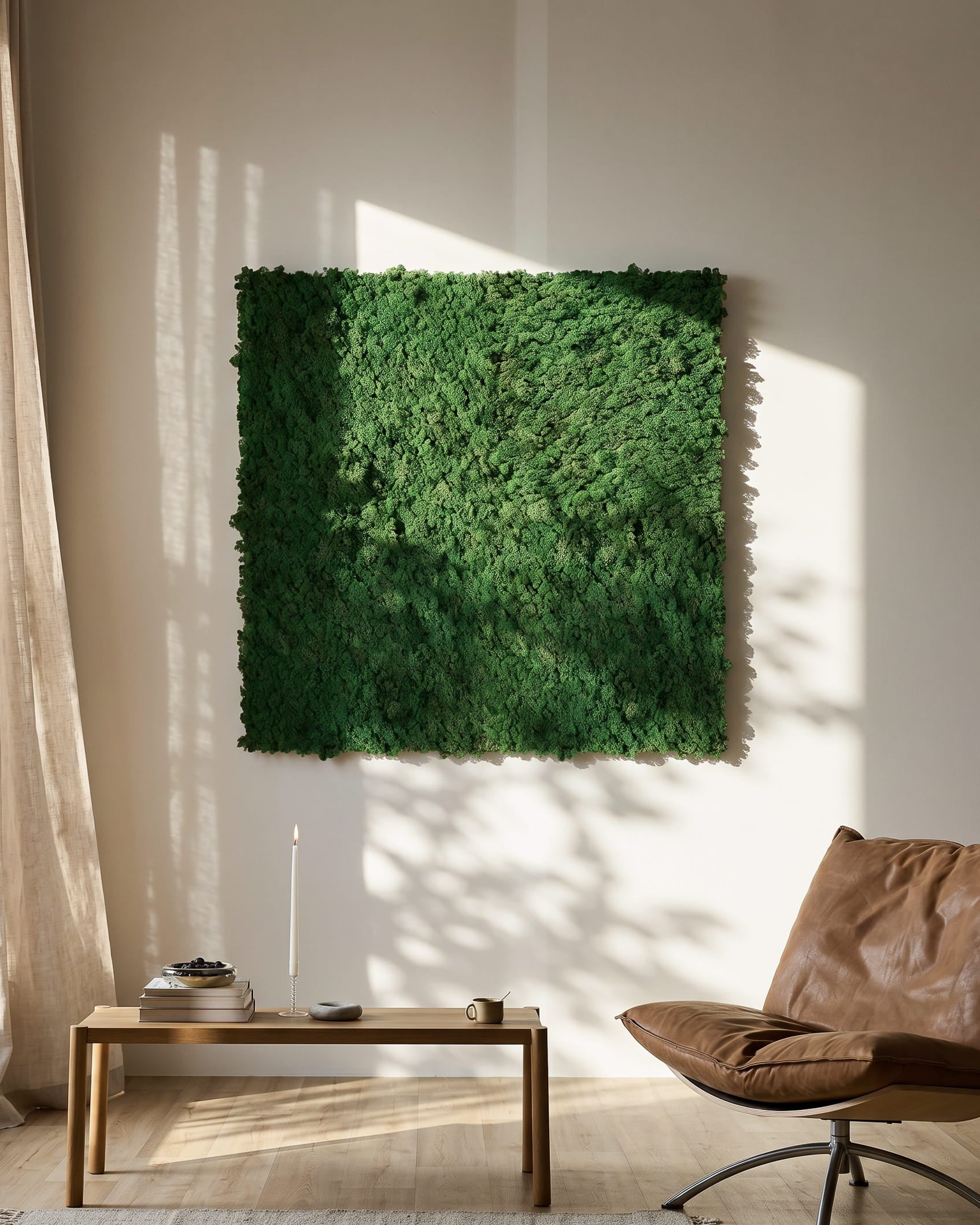 WoodUpp Akupixel Moss Green Akoestisch paneel (60x60 cm) gemonteerd op een beige muur boven een minimalistische tafel en brown leren stoel.