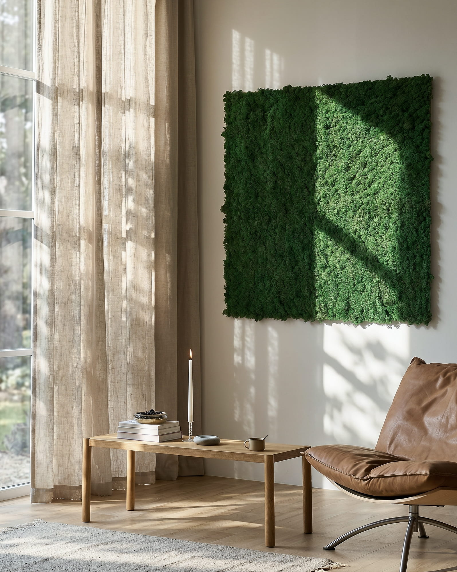 Akupixel Moss Green akoestische panelen van WoodUpp, 60x60 cm, voegen een modern, natuurlijk element toe aan interieurs; onderdeel van de Nordic-collectie van het Deense merk.