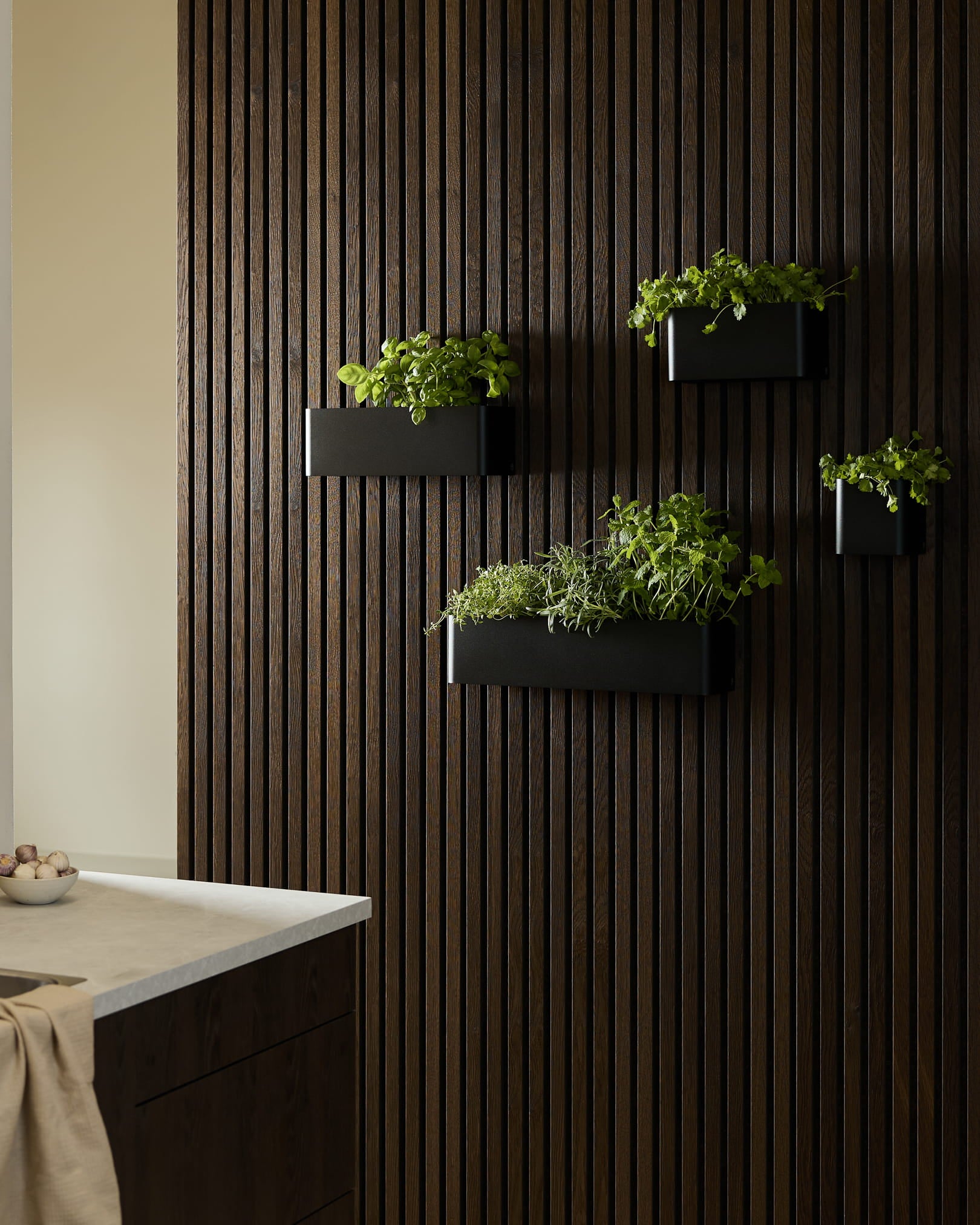 Black wandgemonteerde plantenbakken en een WoodUpp Norr Plant Box met groene kruiden op een donkerhouten Akupanel Akoestisch paneel in een moderne keuken.