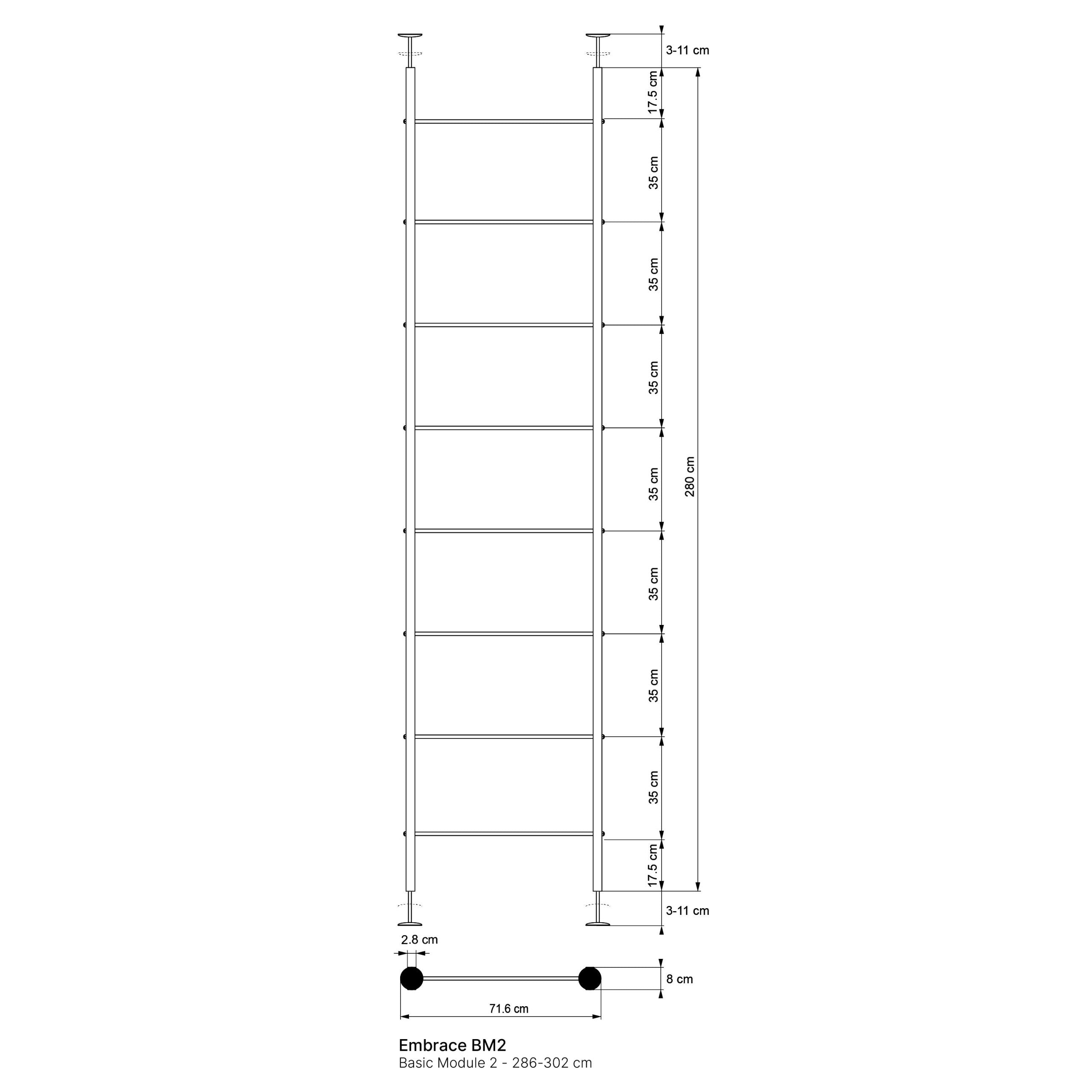 Technical diagram of a tall Nordic shelving unit, 286–302 cm high, 71.6 cm wide, 28.6 cm deep, with six adjustable shelves for Akupanel accessory storage.
