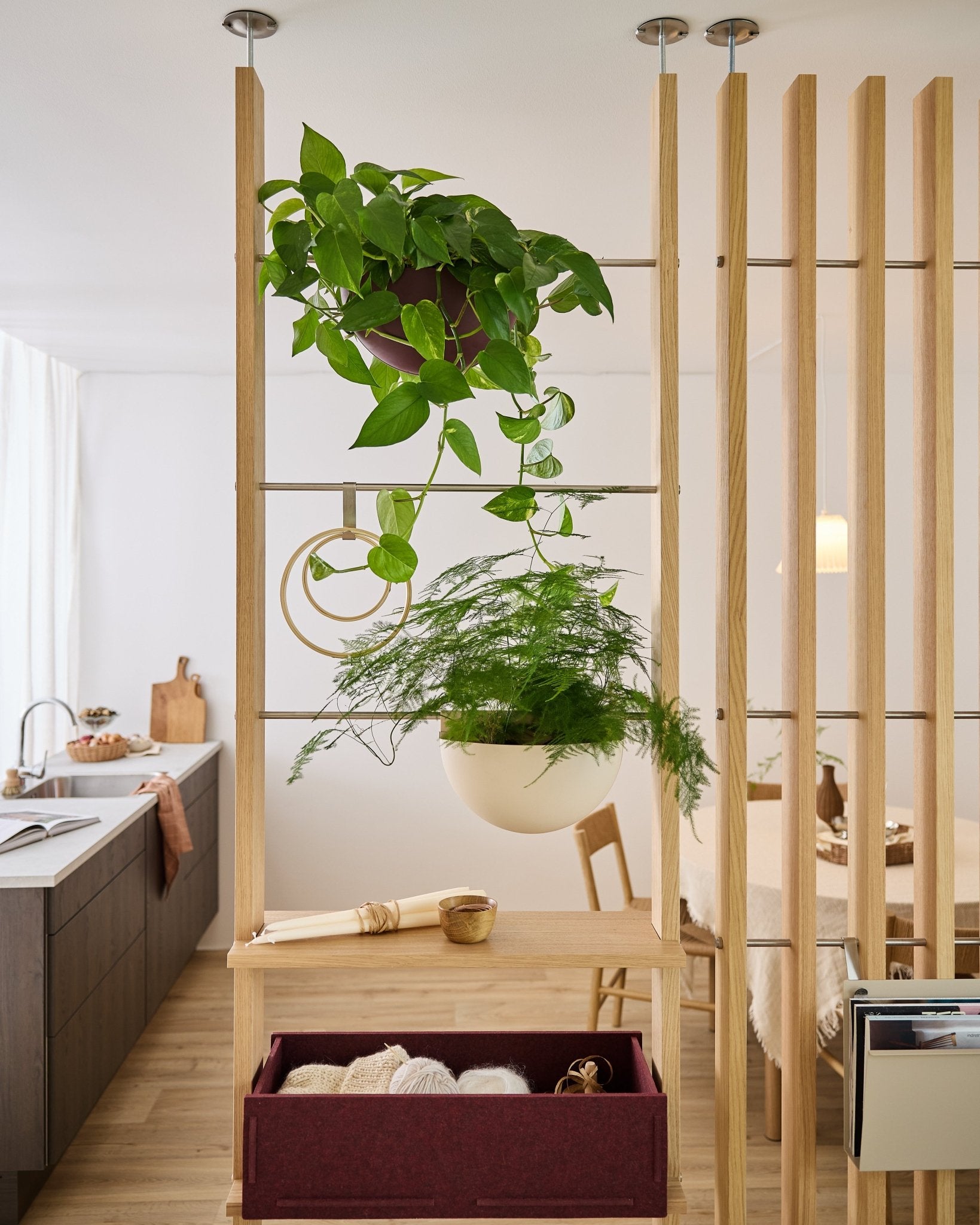 De WoodUpp Gro Soft Pocket-ruimteverdeler met een BM2 Ox Red-box en twee hangplanten scheidt de keuken van de eethoek in een licht, modern appartement.