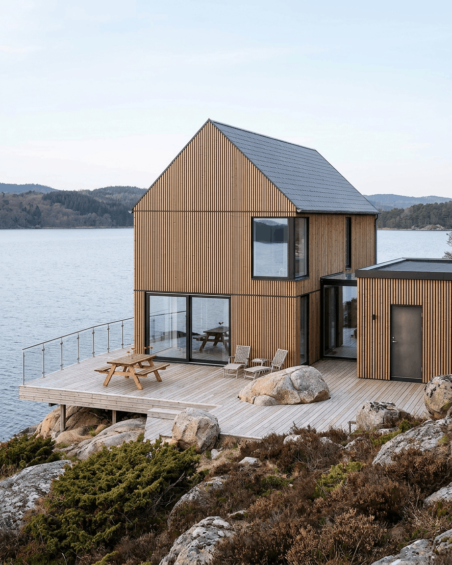 Een moderne woning met WoodUpp Aluwood gevelpanelen in Thermowood Brown, met een afwerking van Nordisch grenen op een rotsachtig terras aan het meer, omringd door natuur.