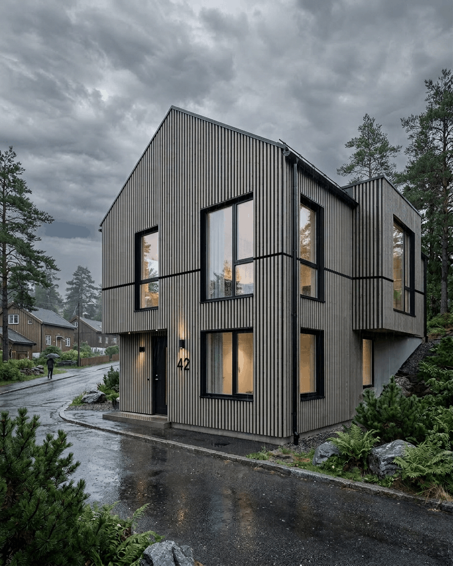 Modern huis met twee verdiepingen en large ramen, met WoodUpp Aluwood Thermowood Grey gevelpanelen, op een regenachtige dag omringd door bomen en groen.