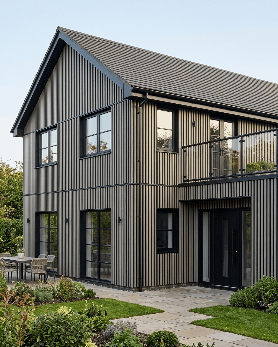 Modern huis met twee verdiepingen met grijze WoodUpp Aluwood Thermowood-gevelpanelen, zwarte sierlijsten, grote ramen, een balkon, tuin en terrasmeubilair.