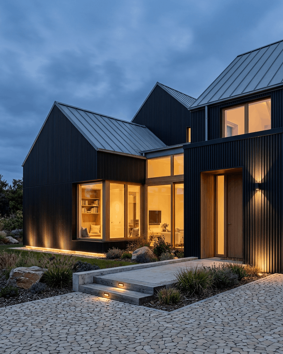 Modern huis met gevelpanelen van zwart gerecycled aluminium van WoodUpp Aluwood, grote ramen, een warm interieur in het schemerlicht, een stenen pad en een aangelegde voortuin.