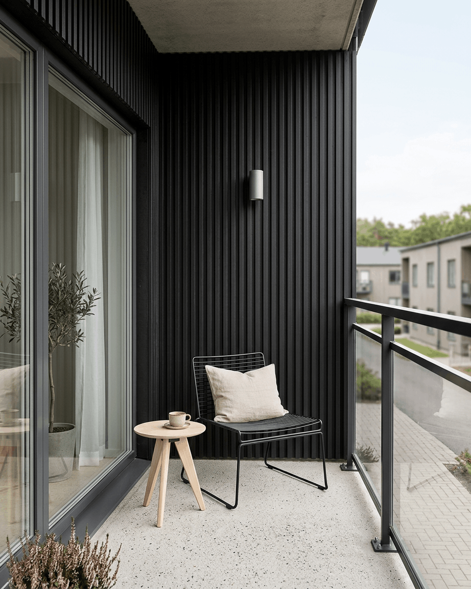 Balkon met een zwart Aluwood gevelpaneel van WoodUpp, glazen balustrade, draadstoel met kussen, ronde tafel met kopje en een plant in pot.