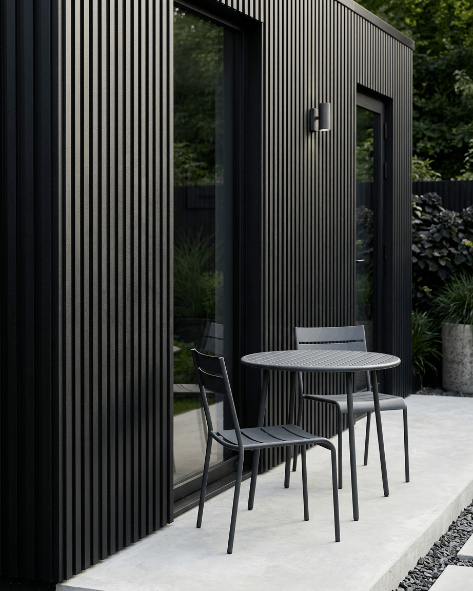Black metalen tafel en twee stoelen op een patio naast een gebouw afgewerkt met WoodUpp Aluwood gevelpaneel voor buiten, black, formaat 240 x 45,1 cm.