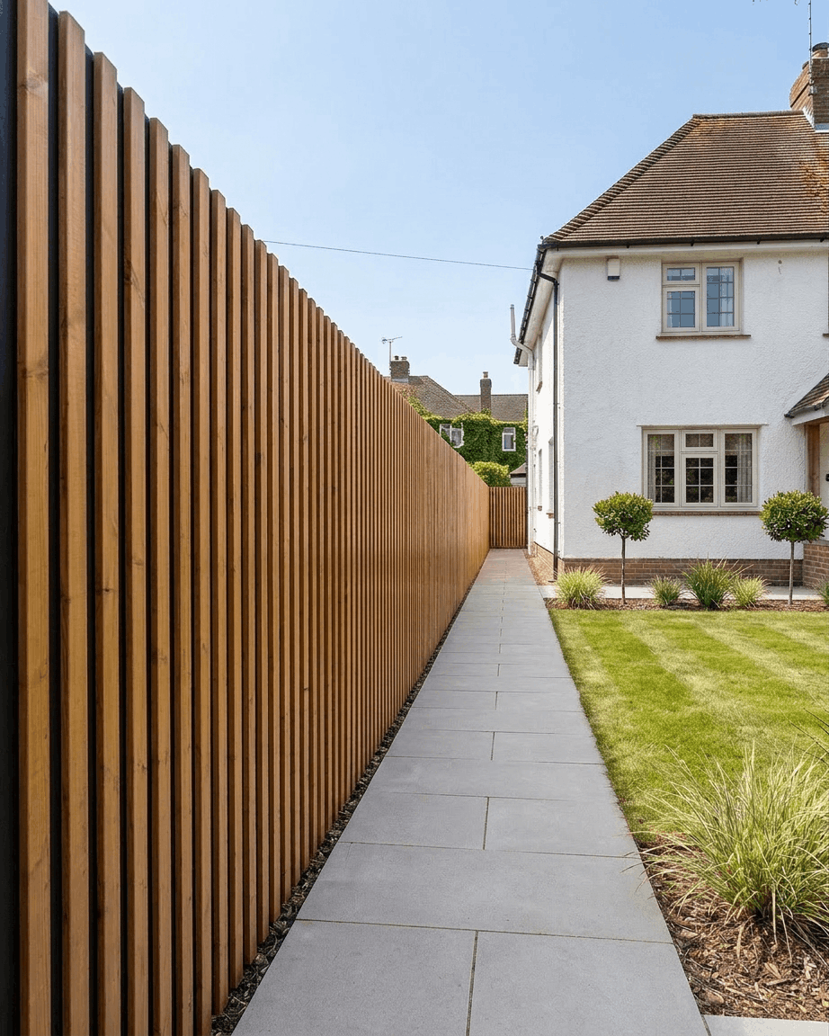 WoodUpp Aluwood-gevelpanelen in geolied brown Thermowood (240x45,1 cm) vormen een schutting langs het pad van een wit huis met gazon en struiken.