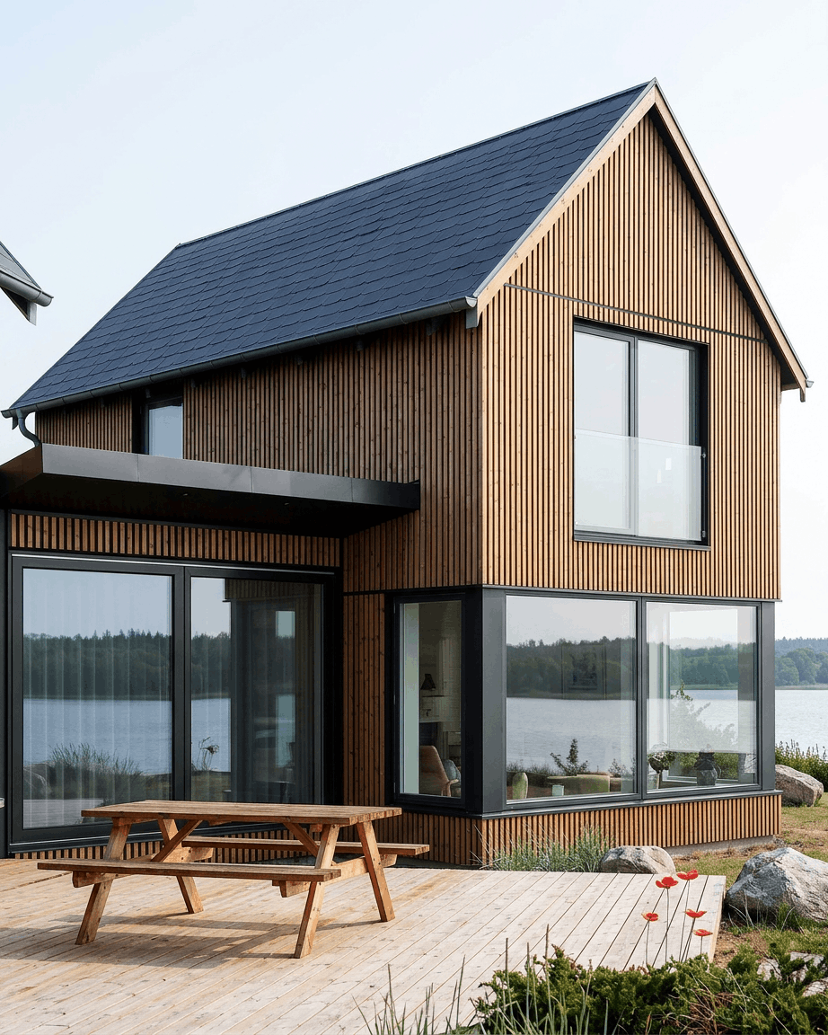 Het huis aan het meer met grote ramen en een schuin dak is aan de buitenkant bekleed met WoodUpp Aluwood-gevelpanelen in de kleur Thermowood Oiled Brown.