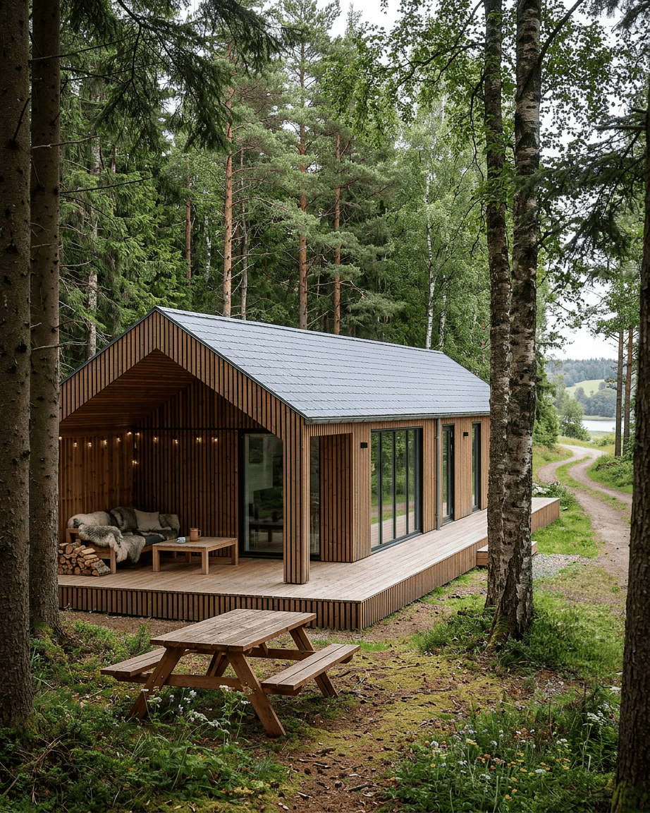 Een moderne hut met WoodUpp Aluwood Thermowood-gevelpanelen, grote ramen met uitzicht op het bos en een picknicktafel aan een meer.