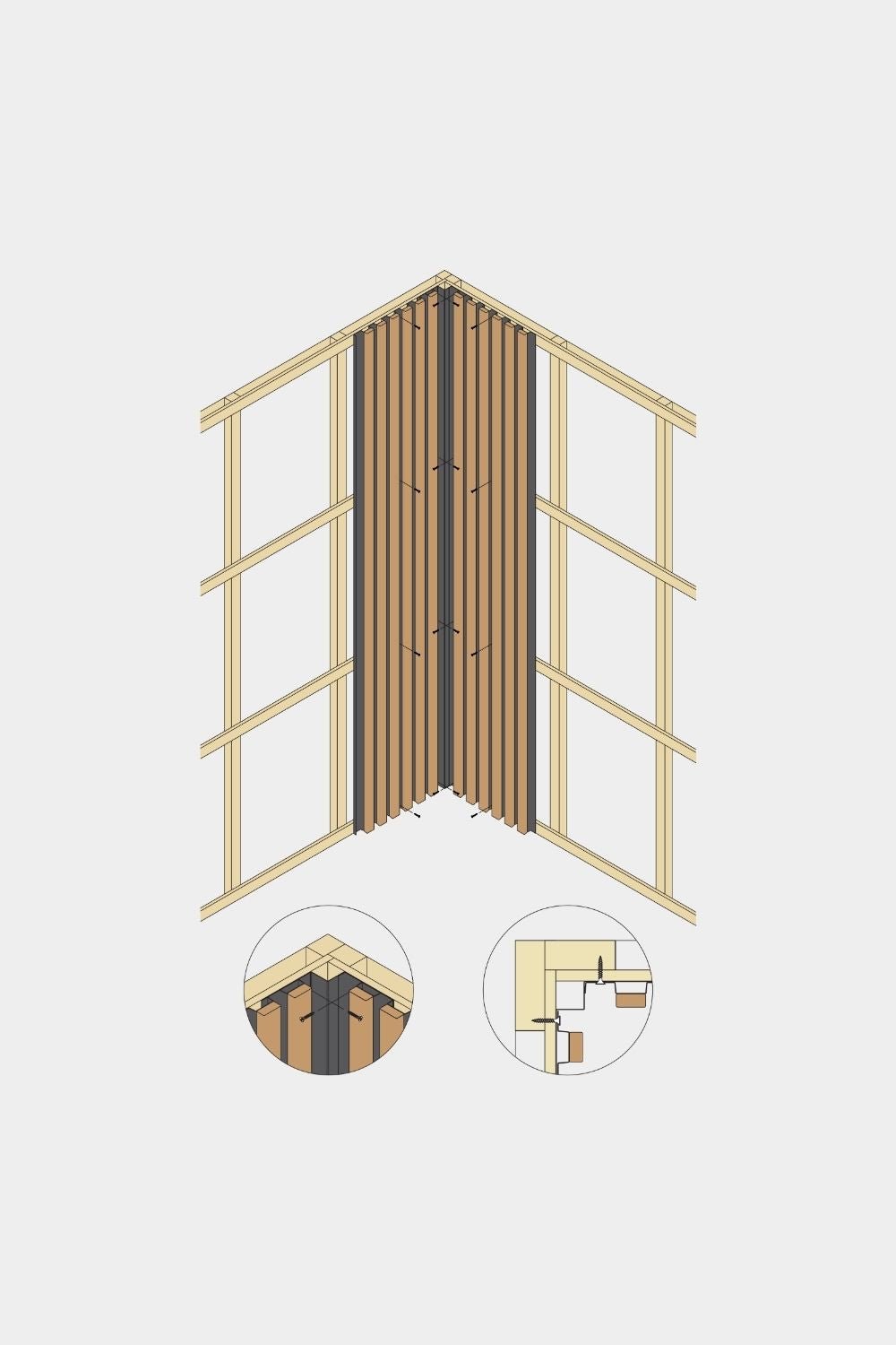 Isometrisch diagram van de binnenhoek van het WoodUpp Aluwood gevelpaneel, 240 cm, met houten latten en aluminium profiel in twee gedetailleerde close-upweergaven.