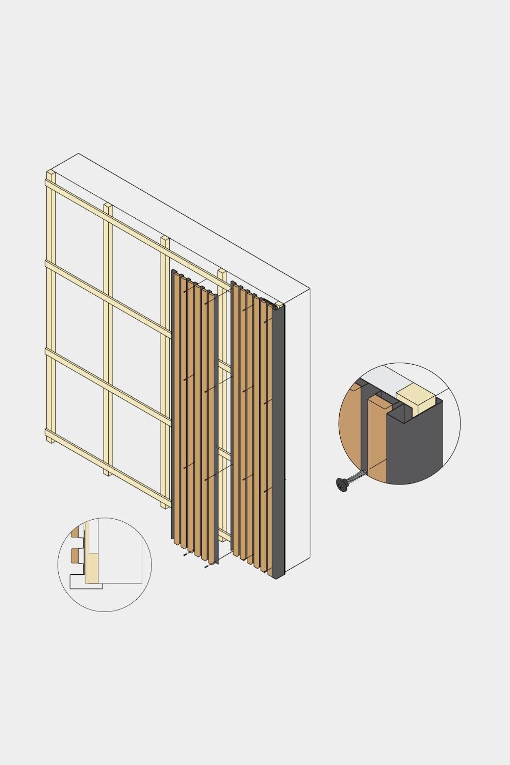 Isometrisch diagram van WoodUpp Aluwood-gevelpaneel eindhoek, 240 cm, met vertical houten latten, poedergecoate afwerking en aluminium eindprofiel.