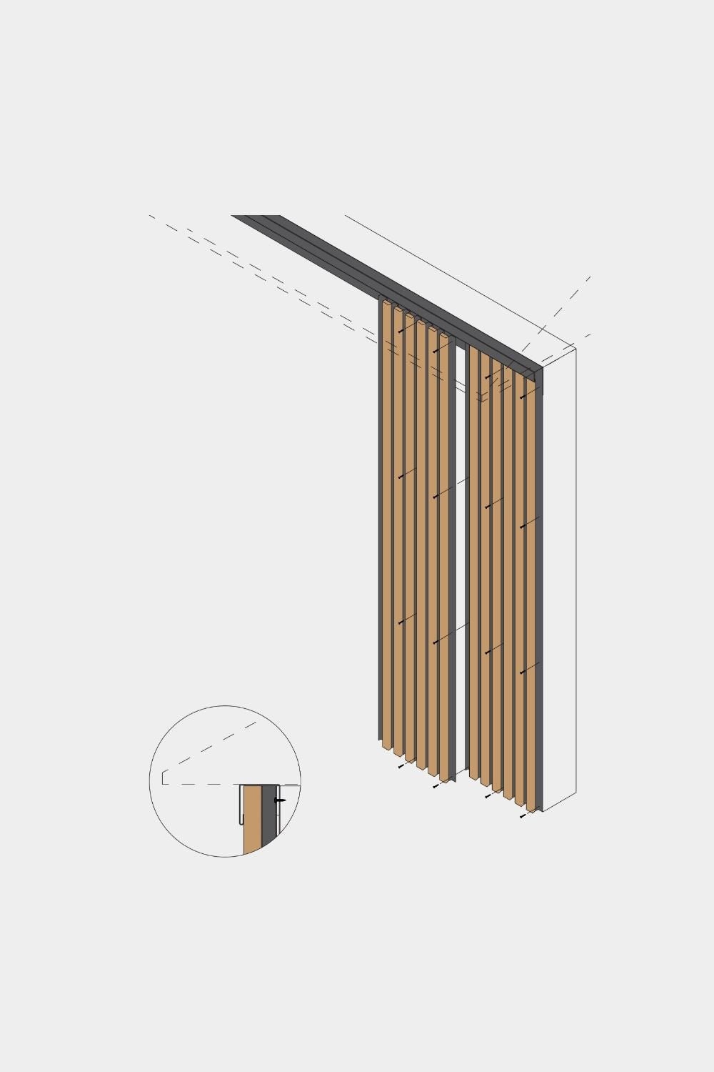 Isometrisch aanzicht van vloer-tot-plafond Aluwood-gevelpanelen van WoodUpp (240 cm), met een uitsnede die de gedetailleerde plafondinstallatie en afwerking aan de bovenzijde toont.