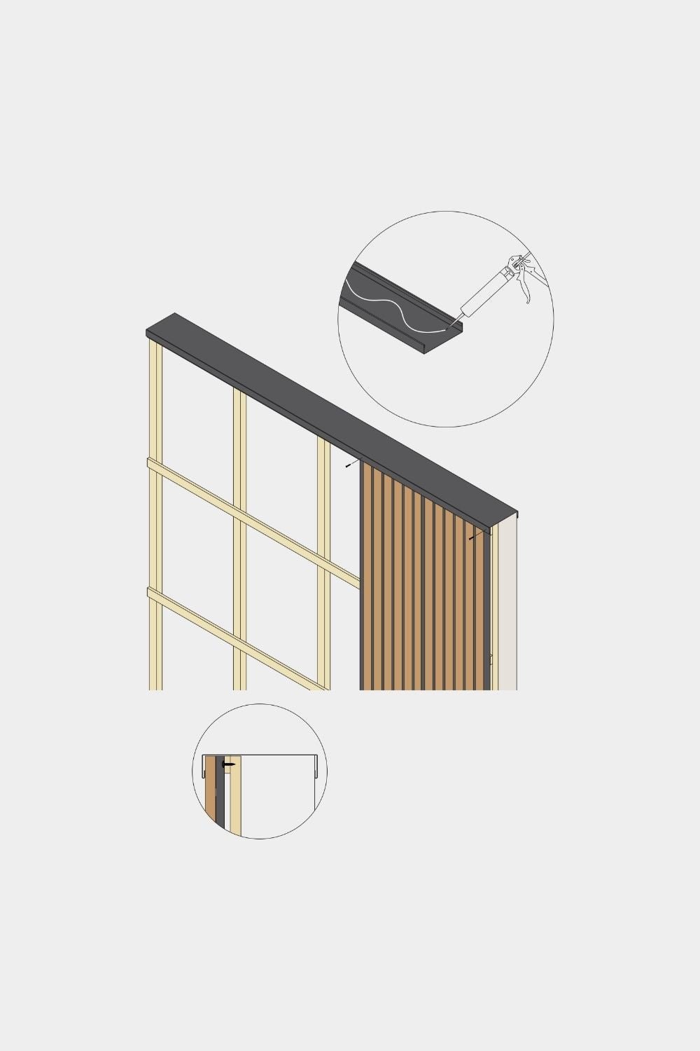 Isometrische tekening van de WoodUpp Aluwood gevelpaneelmuurafdekking, 240 cm x 25 cm, met houten latten, een aluminium profiel en twee gedetailleerde close-upinzetten.