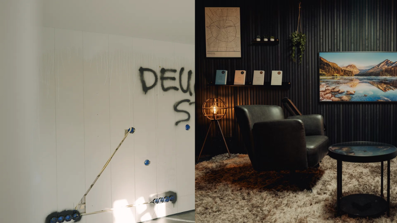 Gesplitste afbeelding: links, een witte muur met zichtbare bedrading en graffiti; rechts, een moderne kamer met Scandinavische inrichting en een uitnodigende fauteuil.