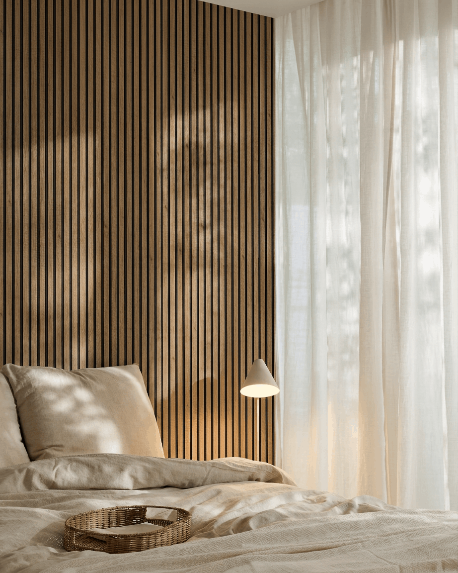 Minimalistische slaapkamer met een WoodUpp Akupanel akoestische lattenwand (English Oak, Black Felt) als accentmuur, beige beddengoed, een geweven dienblad, wandlamp en vitrages.