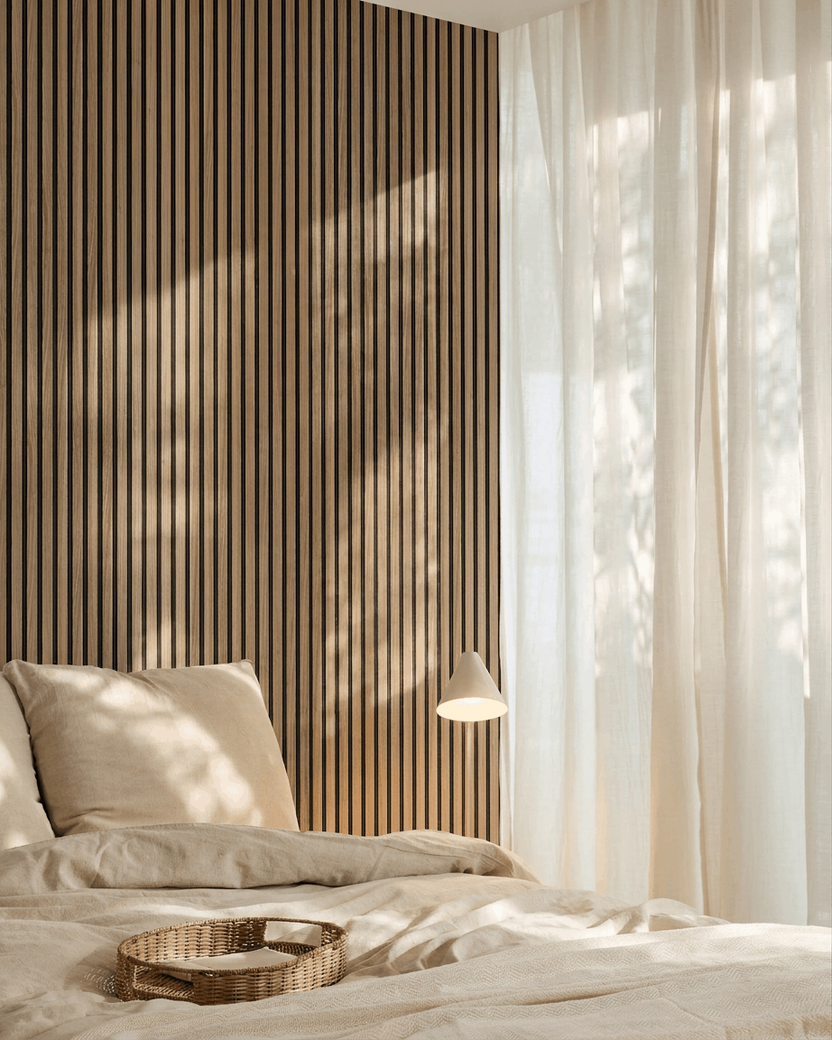 Minimalistische slaapkamer met beige beddengoed, transparante gordijnen, een hanglamp en een WoodUpp Akupanel akoestische houten lattenwand (English Walnut) als accentmuur achter het bed.