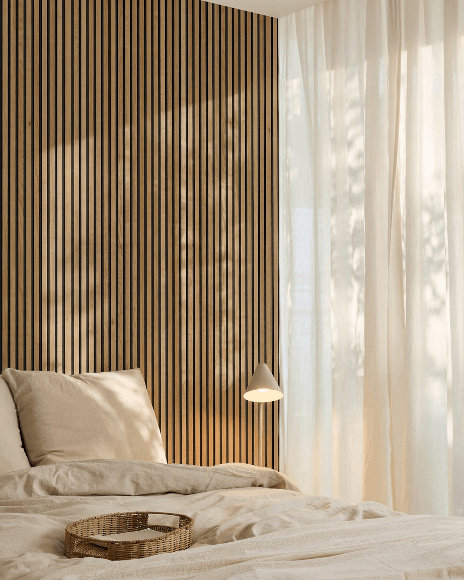 Minimalistische Scandinavische slaapkamer met WoodUpp Akupanel Akoestisch paneel in Rustic Brown Oak aan de muur, beige beddengoed, een rotan dienblad op het bed en vitrages.