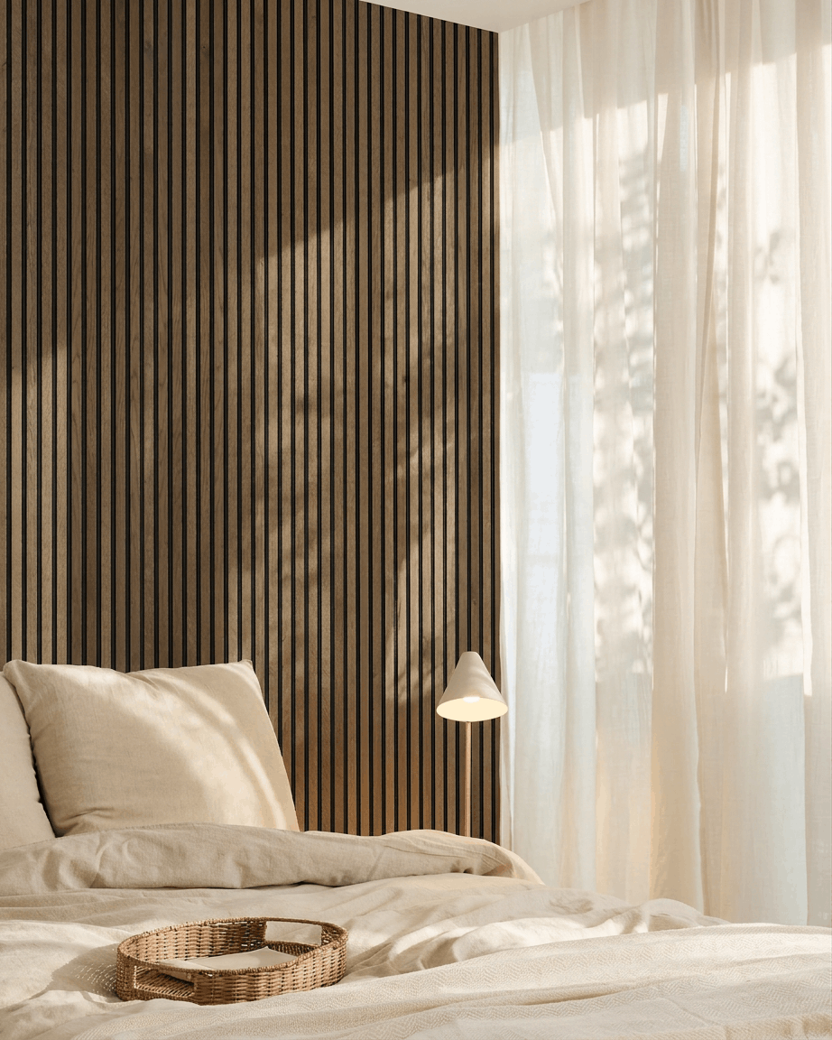 Minimalistische Scandinavische slaapkamer met een WoodUpp Akupanel Natural Wood Akoestisch paneel accentwand, beige beddengoed, een rotan dienblad en vitrage.