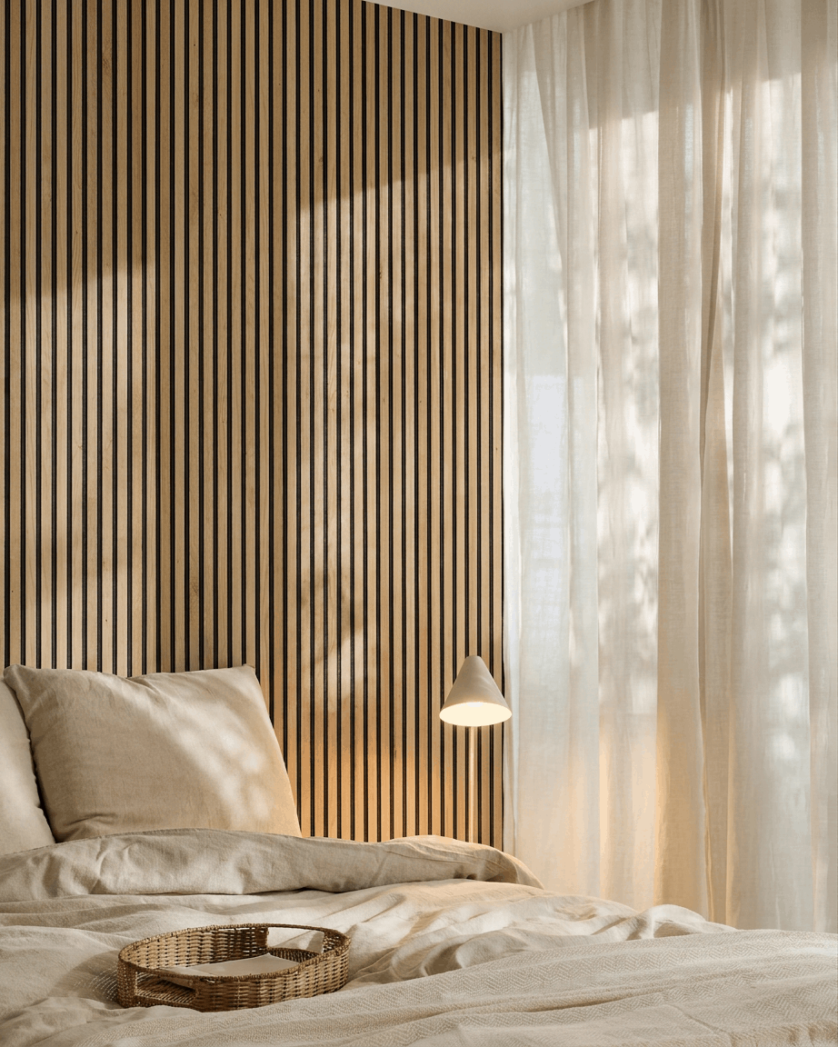 Minimalistische Scandinavische slaapkamer met beige beddengoed, WoodUpp Akupanel Natural Oak akoestisch lattenwandpaneel, een rotan dienblad op het bed en transparante lichtfilterende gordijnen.