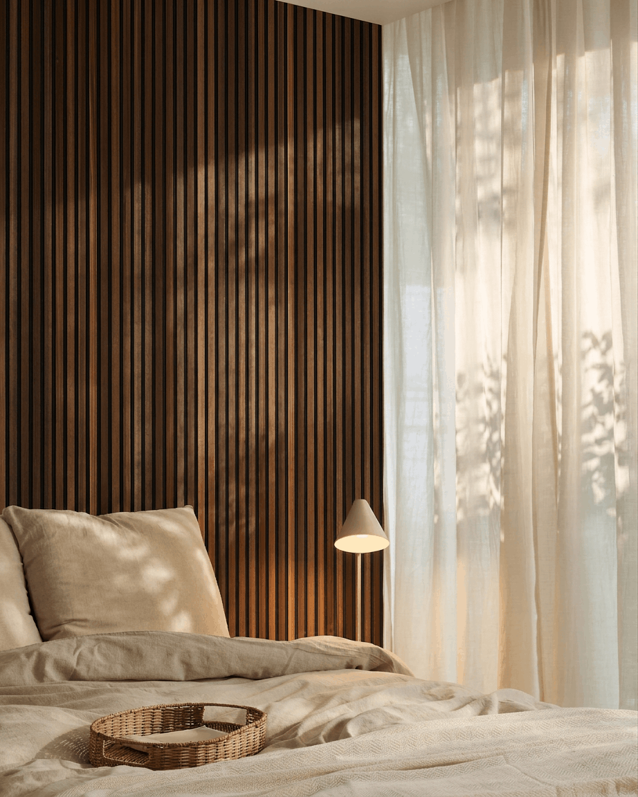 Slaapkamer met beige beddengoed, transparante gordijnen en een WoodUpp Akupanel akoestisch lattenwandpaneel in smoked larch met black vilt terwijl het zonlicht naar binnen valt.
