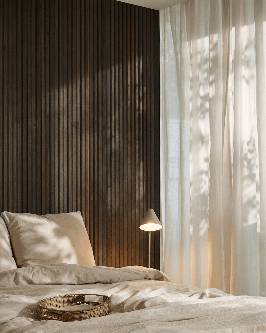 Bed met beige beddengoed naast een WoodUpp Akupanel in rustiek smoked oak; gestyled met een rieten dienblad, moderne lamp en transparante gordijnen in het zonlicht.
