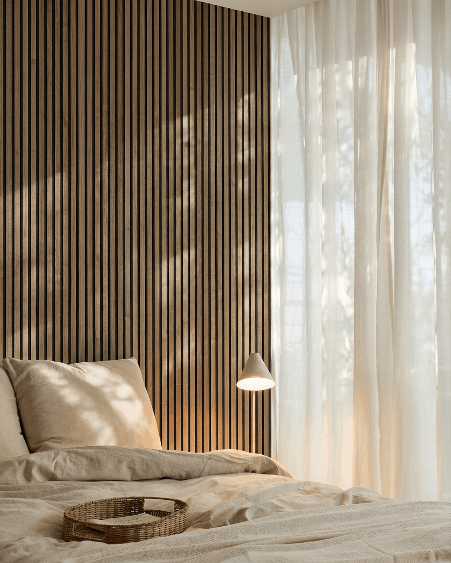 Minimalistische Scandinavische slaapkamer met een WoodUpp Akupanel akoestische lattenwand in walnoot, beige beddengoed, een rieten dienblad op het bed en transparante gordijnen die zacht licht filteren.