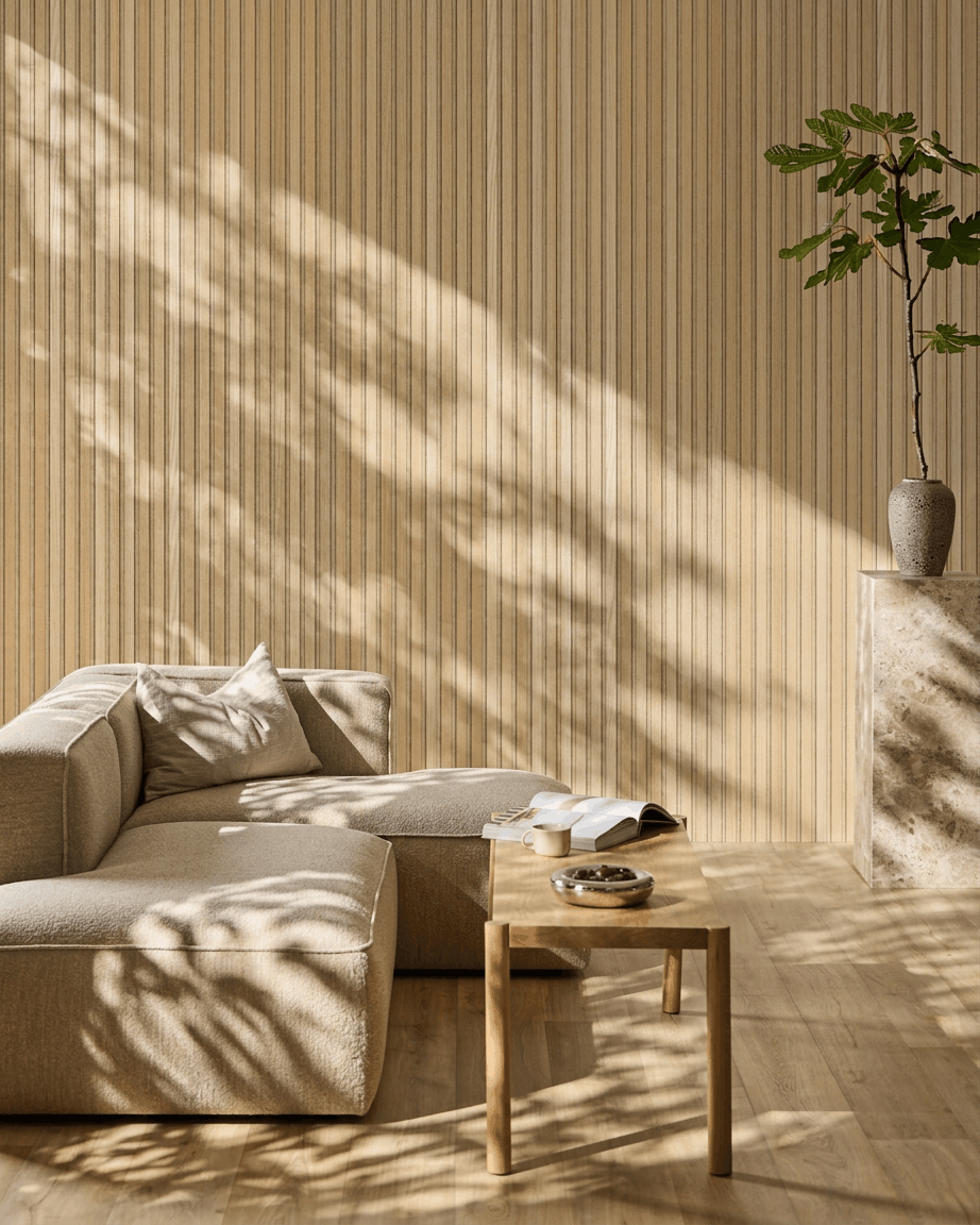 Minimalistische woonkamer met een WoodUpp Akupanel Akoestisch paneel in Classic Oak met Beige Felt, voor Scandinavische stijl en akoestisch comfort.