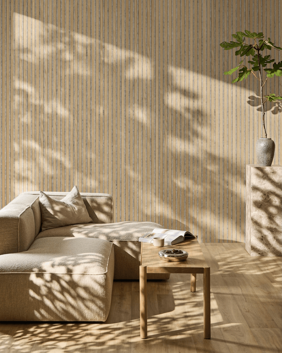 Minimalistische woonkamer met beige bank en salontafel. WoodUpp Akupanel Akoestisch paneel in Classic Oak, Grey vilt, voegt een Scandinavische stijl en zachte schaduweffecten toe.