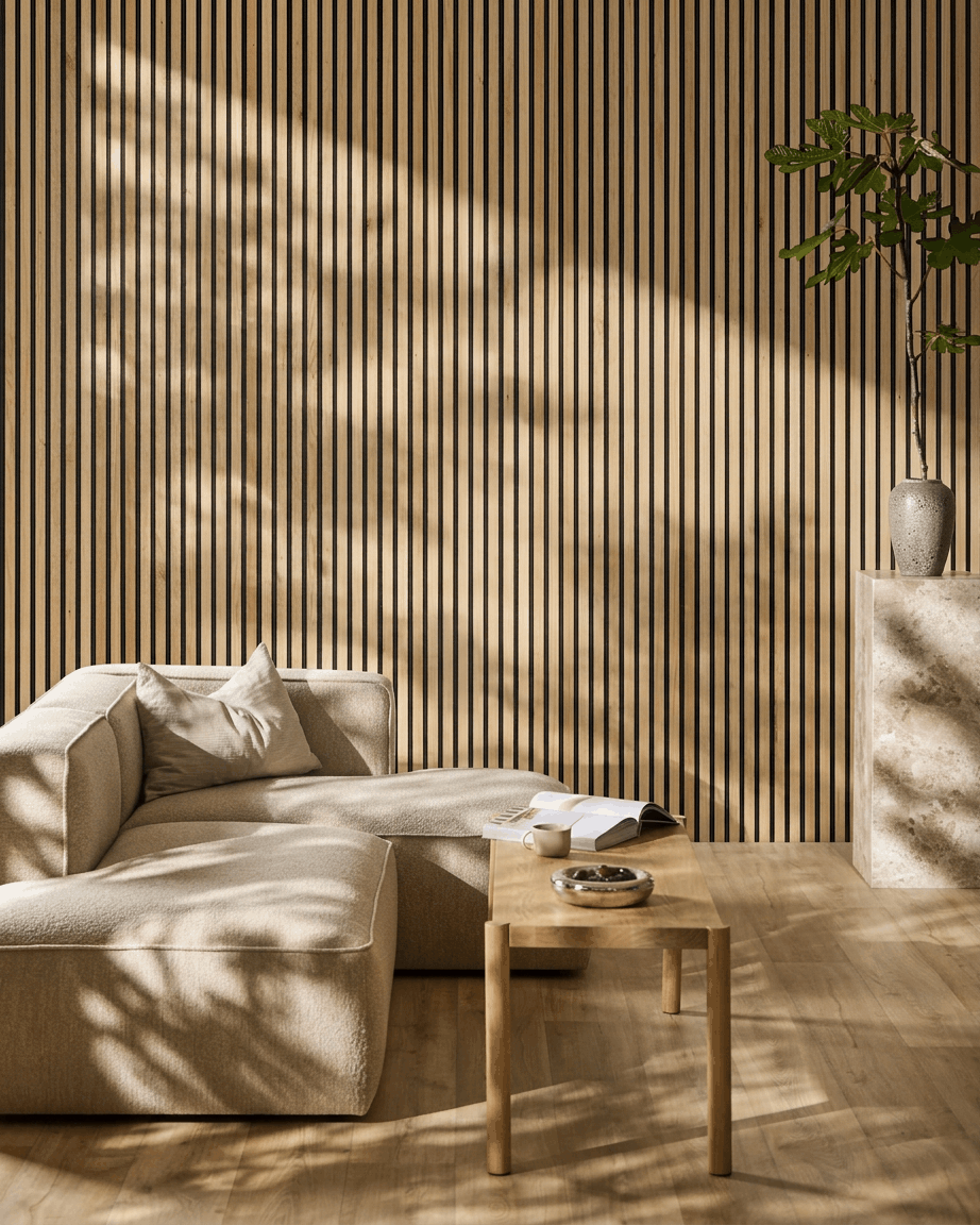 Minimalistische woonkamer met een beige bank, houten tafel, plant en een WoodUpp Akupanel Rustic Natural Oak Akoestisch paneel, verlicht door zacht zonlicht.