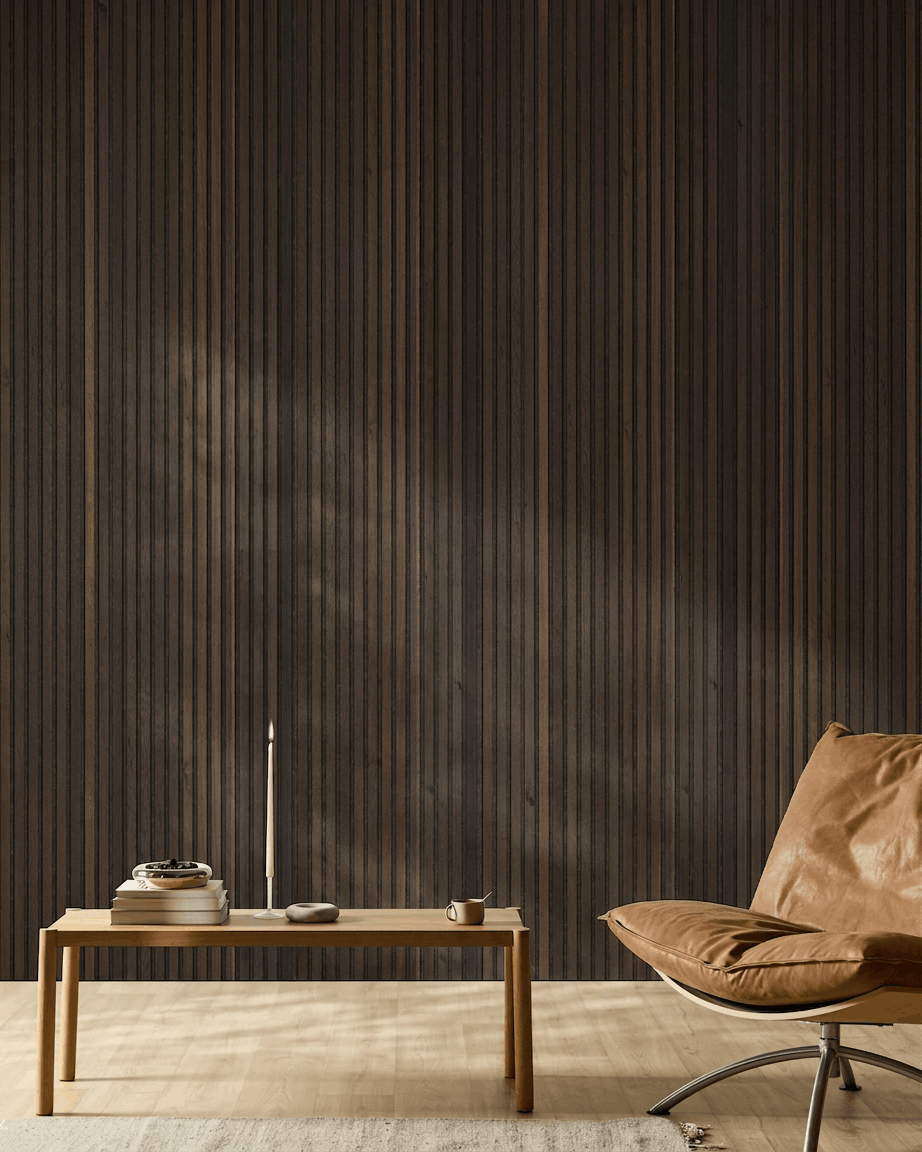 Akupanel | Acoustic Panel / Natural Wood, Rustic Smoked Oak, Bronzed Brown Felt, 240 x 60 cm 