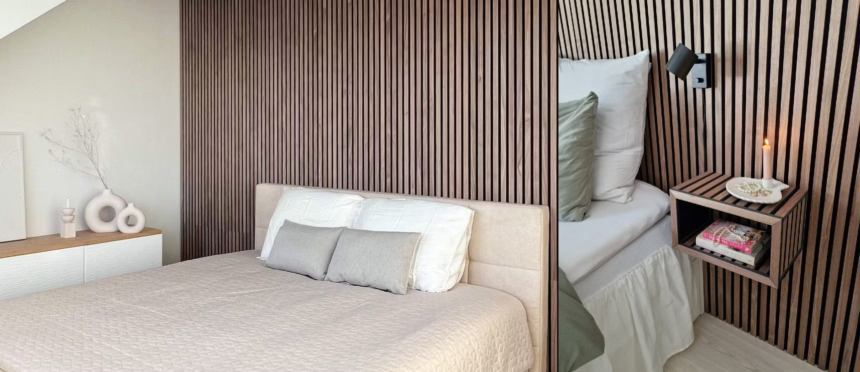 Een moderne slaapkamer met een beige bed, neutrale kussens en een Akupanel accentmuur met structuur achter een zwevend nachtkastje met boeken en een kleine lamp.