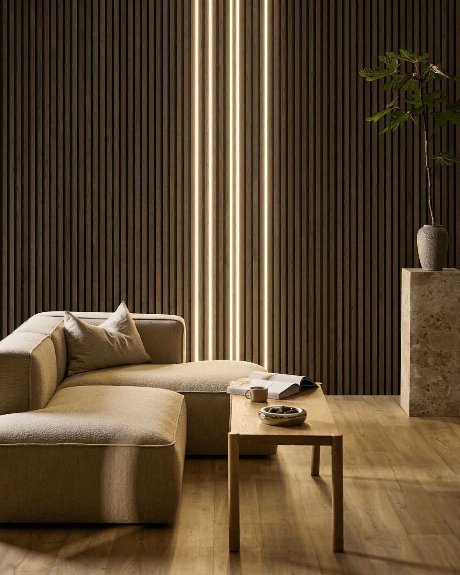 Minimalistische woonkamer met een beige bank, houten salontafel en hoge vaas voor een WoodUpp Akupanel akoestisch houten paneelwand, verlicht met Lumi LED-stripverlichting.